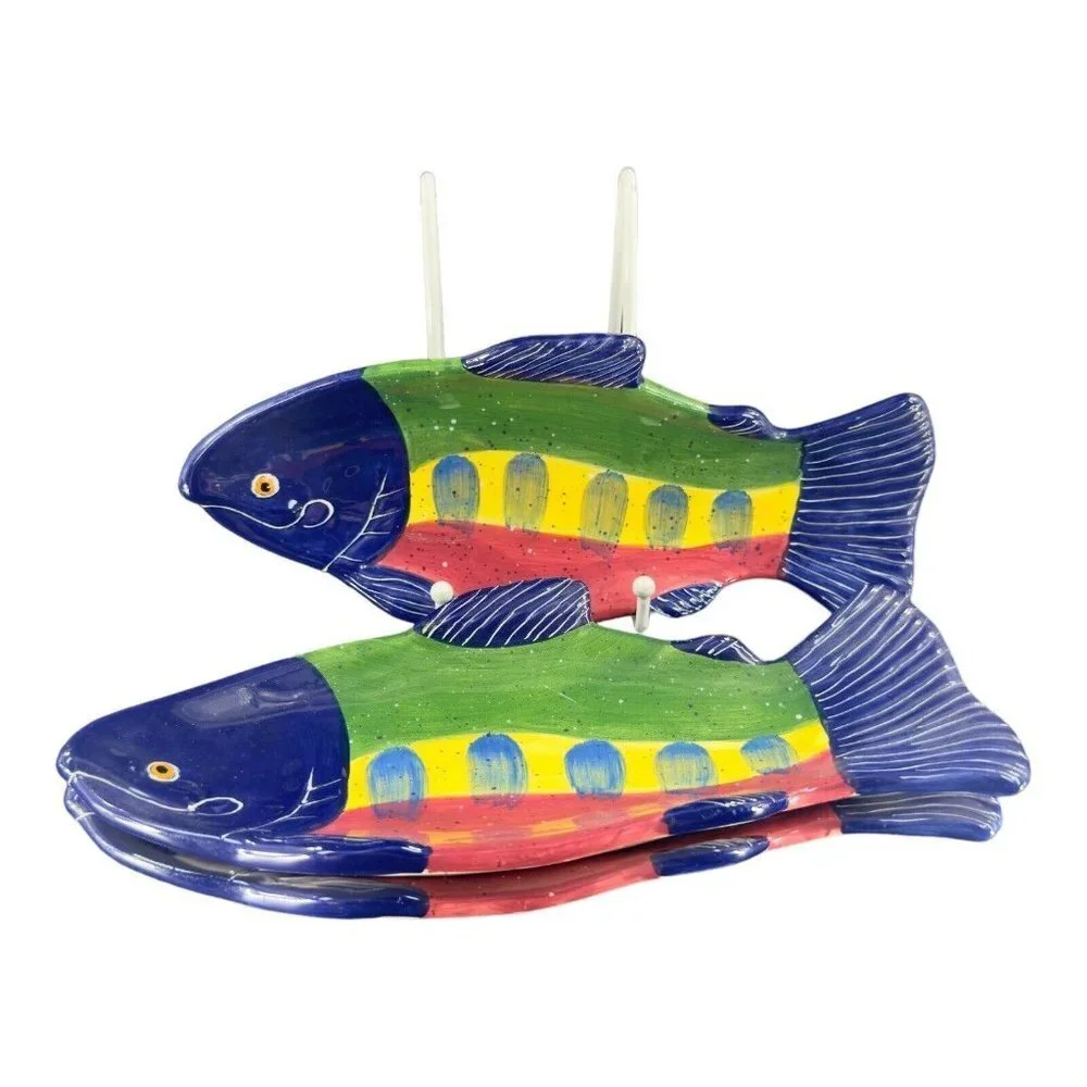 Julie Ueland Shorelines‎ Fish Salmon Dish Plate Ceramic Pottery 2000 Set 3